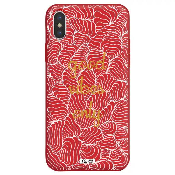 a white background with gold text Apple iPhone X Silicone Imperial Red Case