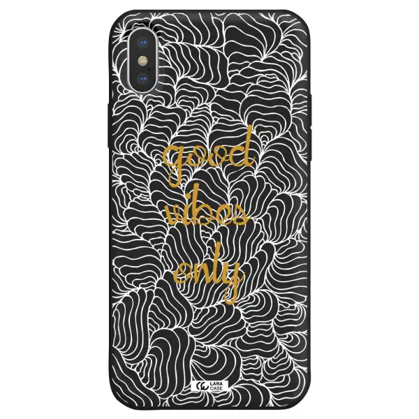 a white background with gold text Apple iPhone XS Silicone black Case