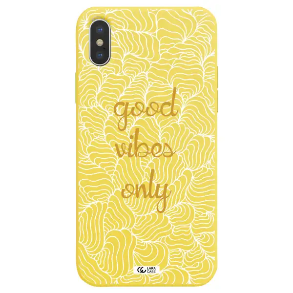 a white background with gold text Apple iPhone XS Silicone canary yellow Case