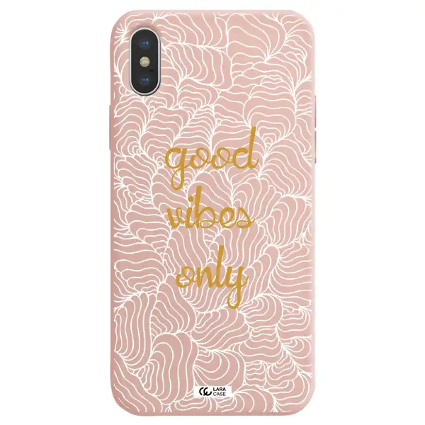 a white background with gold text Apple iPhone XS Silicone pastel pink Case