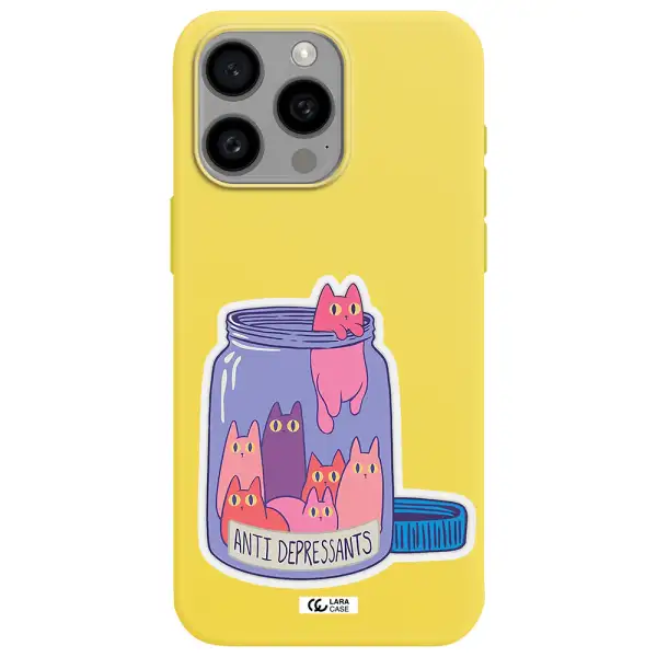 Anti Depressants Cats Apple Iphone 15 Pro max Silicone canary yellow Case