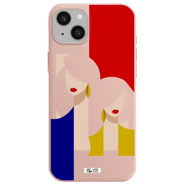 Abstract Two Female Portrait Apple iphone 15 plus Silicone pastel pink Case