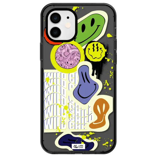 Colorful Emojis Apple iPhone 12 impact Smoke Black Case