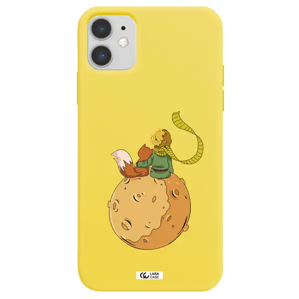 a cartoon of a fox and a fox sitting on a planet Apple iPhone 11 Silicone canary yellow Case