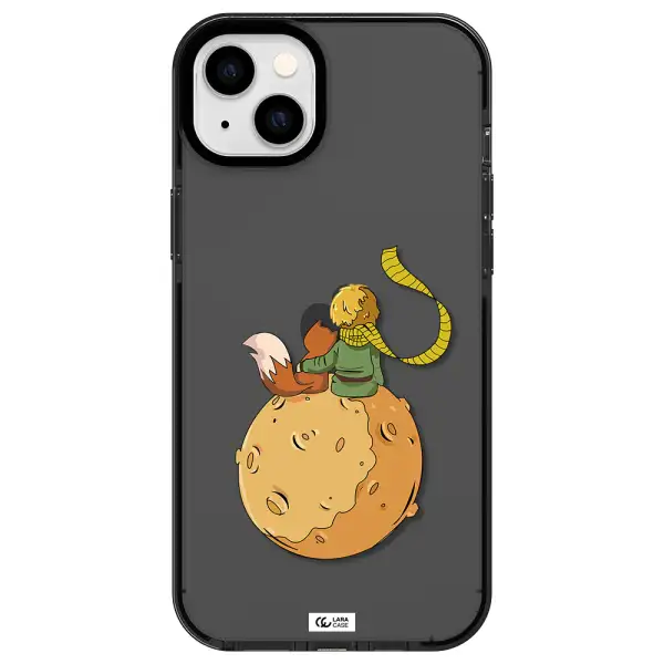 a cartoon of a fox and a fox sitting on a planet Apple iPhone 14 plus impact Smoke Black Case