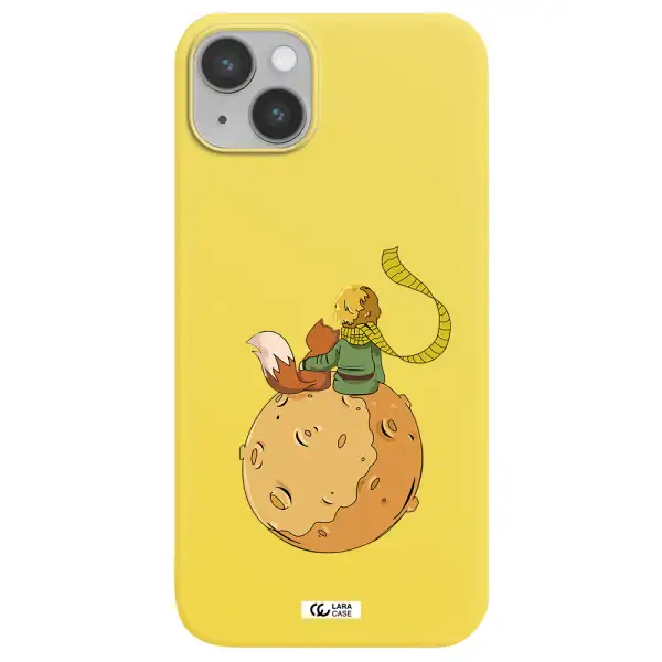 a cartoon of a fox and a fox sitting on a planet Apple iPhone 14 plus Silicone canary yellow Case