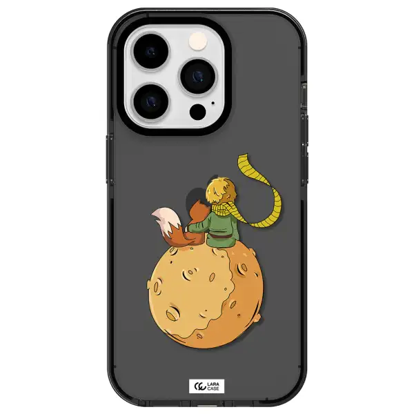 a cartoon of a fox and a fox sitting on a planet Apple iPhone 14 pro impact Smoke Black Case