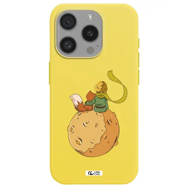 A Cartoon Of A Fox And A Fox Sitting On A Planet Apple Iphone 15 Pro Silicone Canary Yellow Case