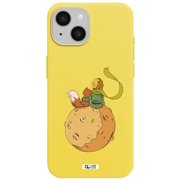 a cartoon of a fox and a fox sitting on a planet Apple iPhone 15 Silicone canary yellow Case