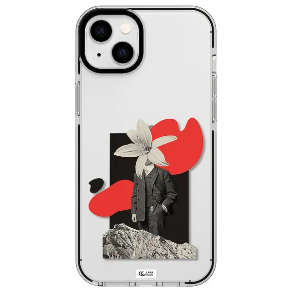 a man in a suit with a flower head Apple iPhone 14 plus impact black border Case