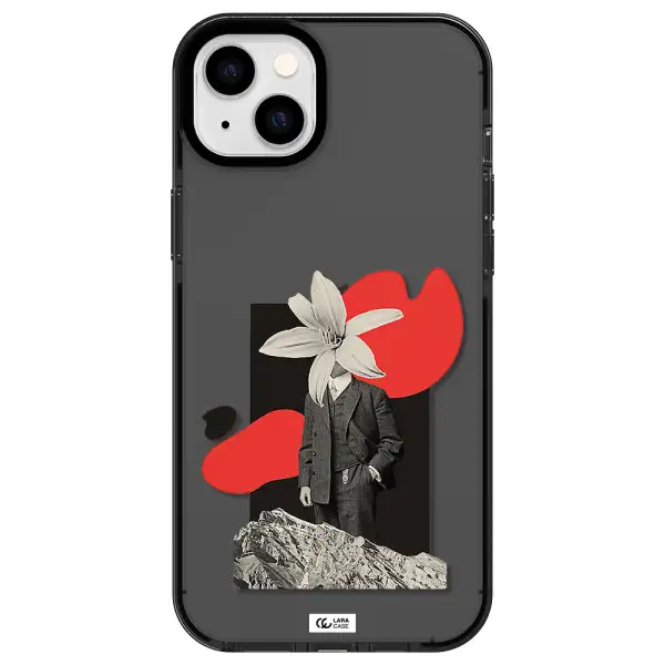 a man in a suit with a flower head Apple iPhone 14 plus impact Smoke Black Case