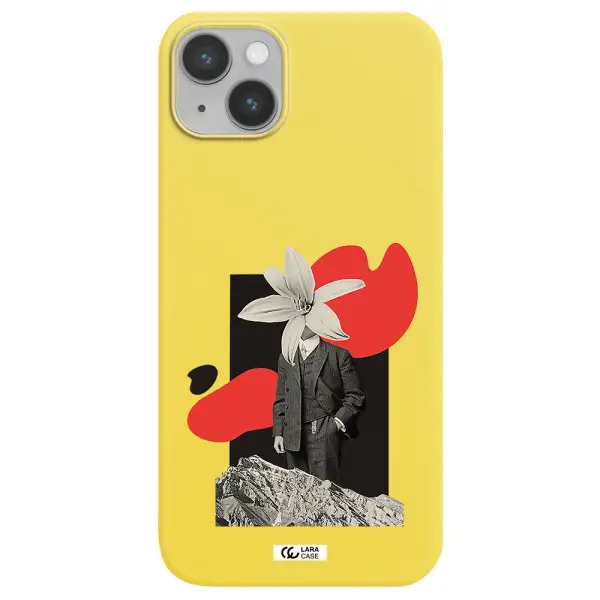 a man in a suit with a flower head Apple iPhone 14 plus Silicone canary yellow Case