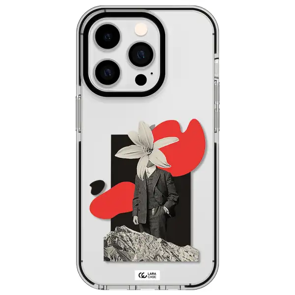 a man in a suit with a flower head Apple iPhone 14 pro impact black border Case