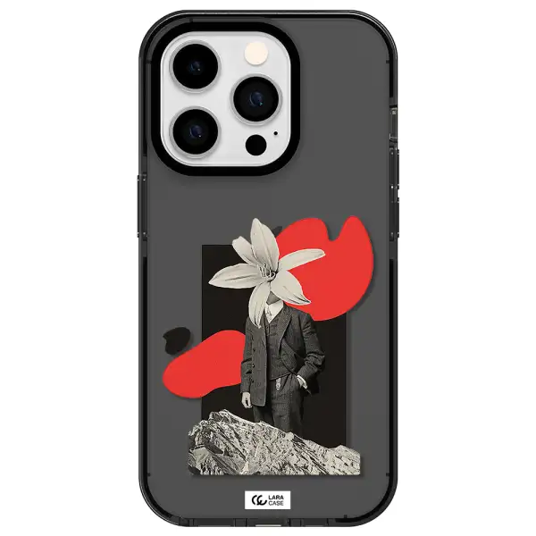 a man in a suit with a flower head Apple iPhone 14 pro impact Smoke Black Case