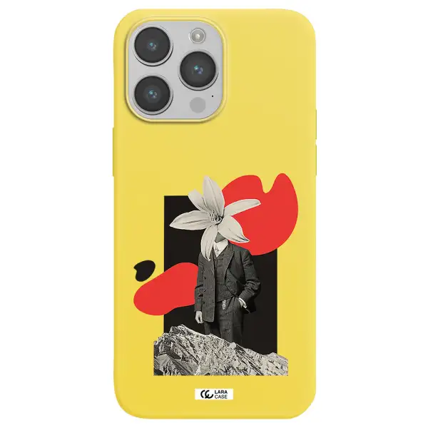 a man in a suit with a flower head Apple iPhone 14 pro Silicone canary yellow Case