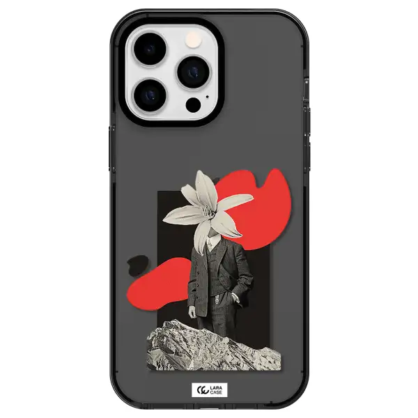 a man in a suit with a flower head Apple iPhone 15 Pro impact Smoke Black Case