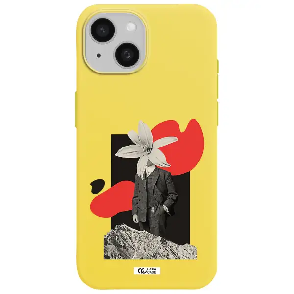 a man in a suit with a flower head Apple iPhone 15 Silicone canary yellow Case