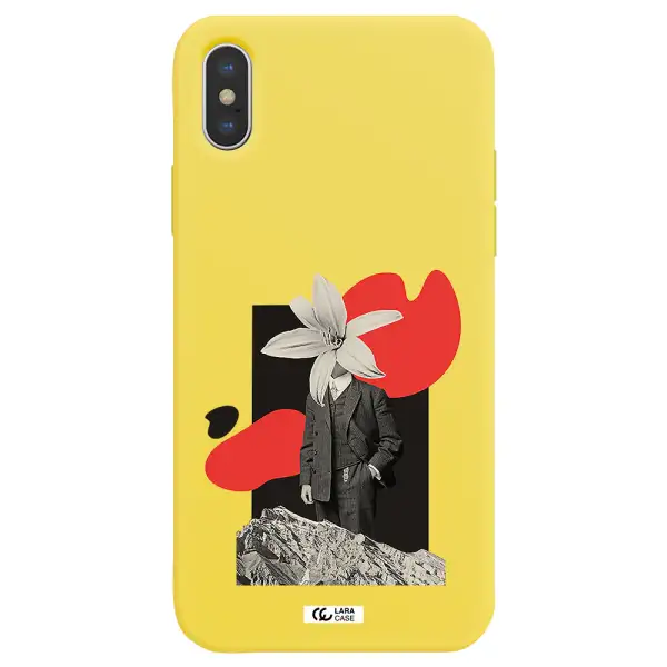 a man in a suit with a flower head Apple iPhone XS Silicone canary yellow Case