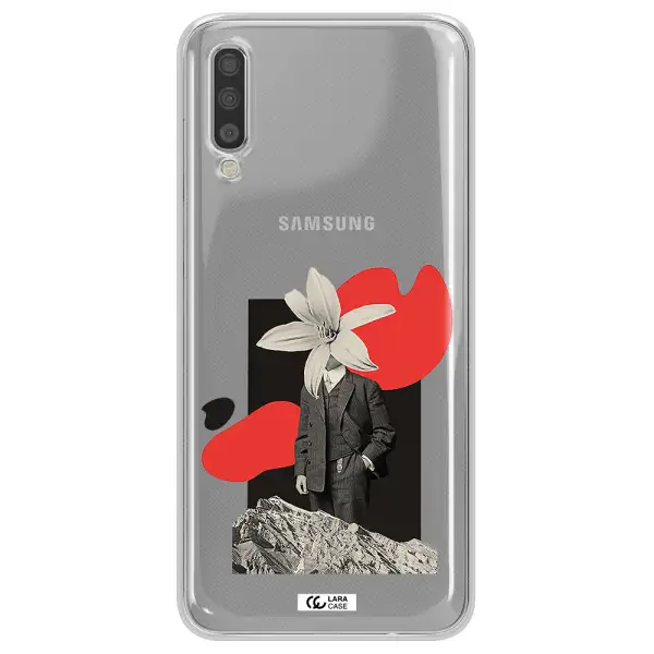 A Man In A Suit With A Flower Head Samsung A70S Clear Tpu Case