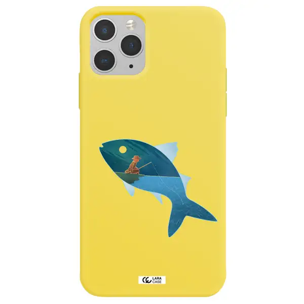 a fish with a man fishing Apple iPhone 11 pro max Silicone canary yellow Case