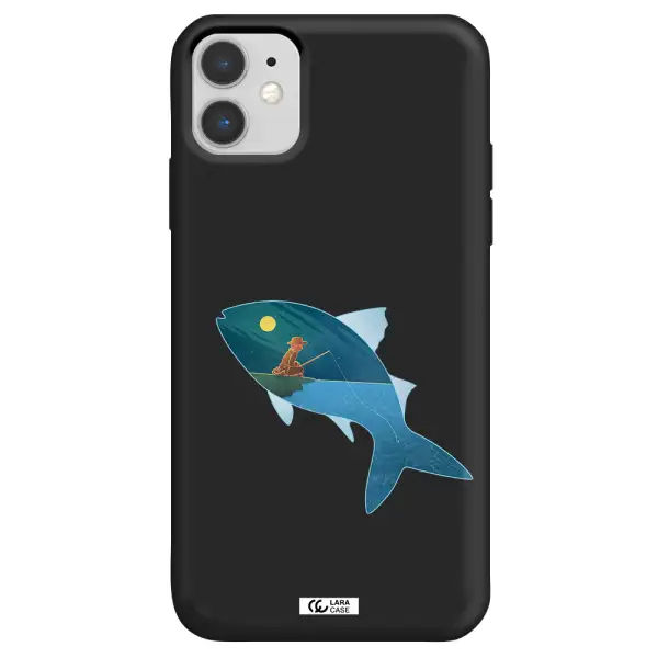 a fish with a man fishing Apple iPhone 11 Silicone black Case