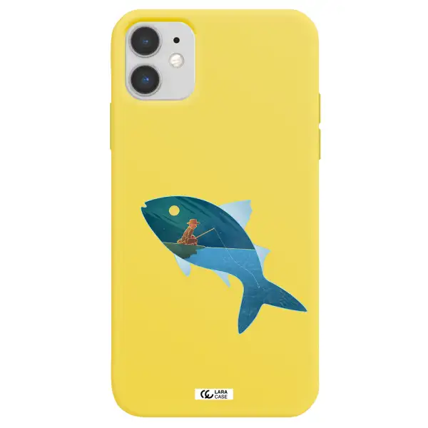 a fish with a man fishing Apple iPhone 11 Silicone canary yellow Case