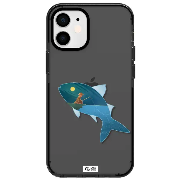 a fish with a man fishing Apple iPhone 12 mini impact Smoke Black Case