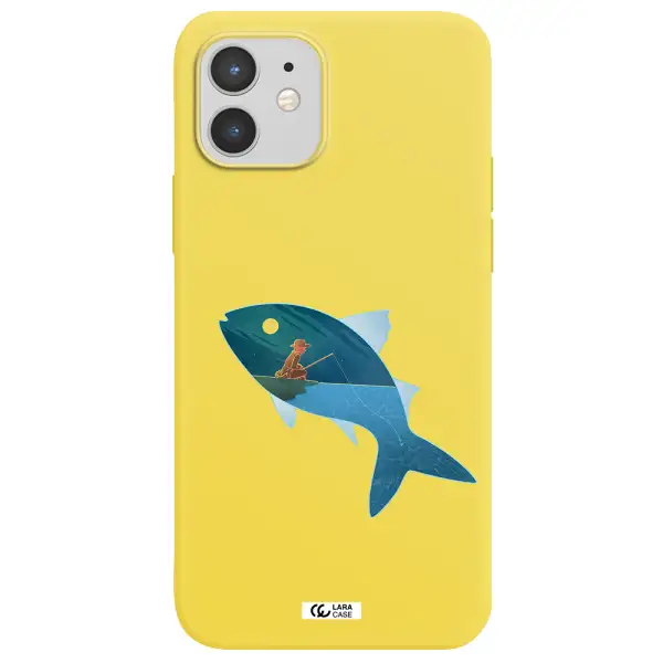 a fish with a man fishing Apple iPhone 12 mini Silicone canary yellow Case