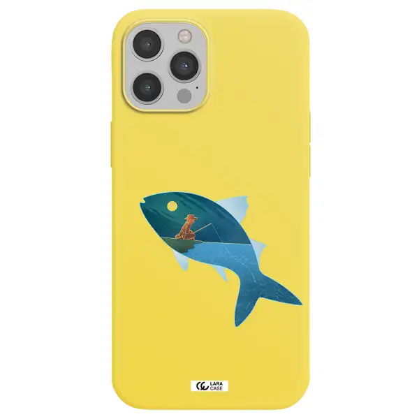 a fish with a man fishing Apple iPhone 12 pro max Silicone canary yellow Case