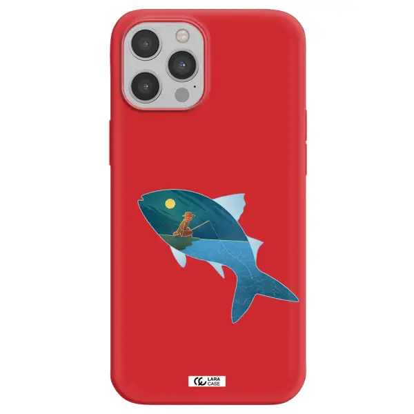 a fish with a man fishing Apple iPhone 12 pro max Silicone Imperial Red Case