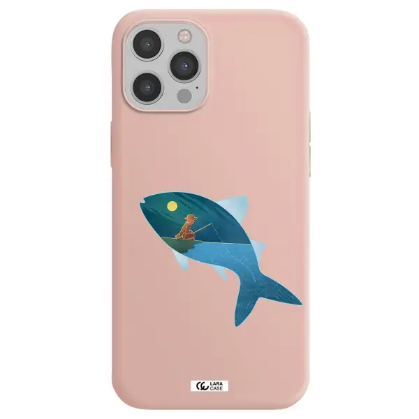 a fish with a man fishing Apple iPhone 12 pro max Silicone pastel pink Case