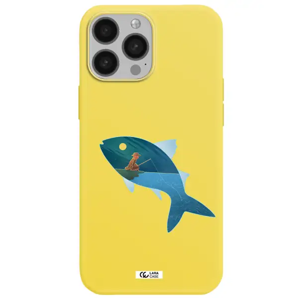 a fish with a man fishing Apple iPhone 13 Pro Max Silicone canary yellow Case