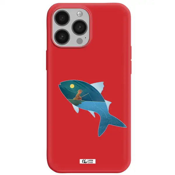 a fish with a man fishing Apple iPhone 13 Pro Max Silicone Imperial Red Case
