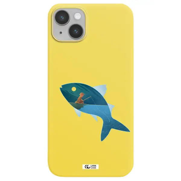 a fish with a man fishing Apple iPhone 14 plus Silicone canary yellow Case