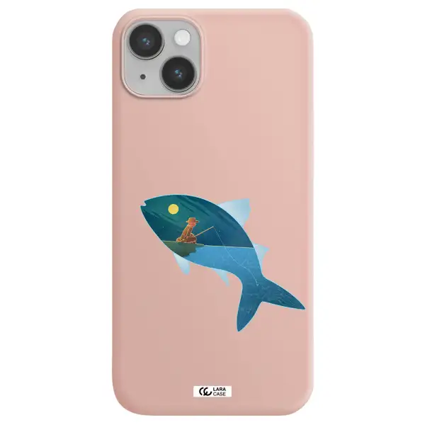 a fish with a man fishing Apple iPhone 14 plus Silicone pastel pink Case