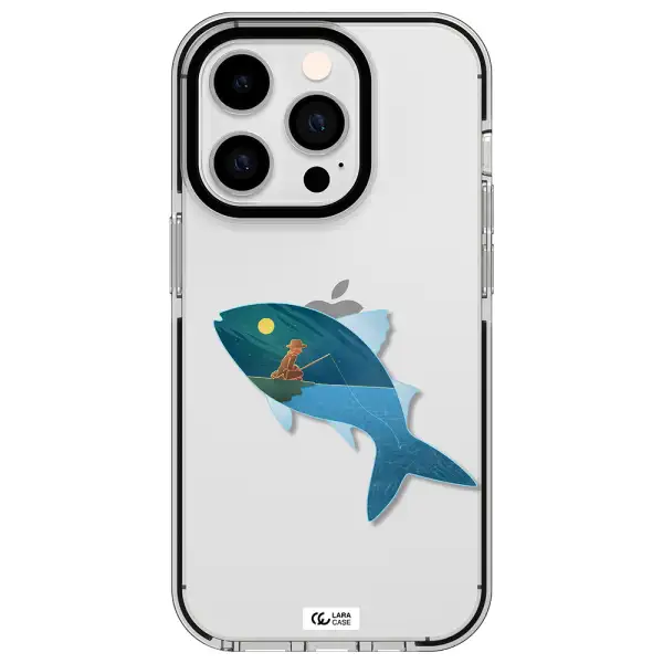 a fish with a man fishing Apple iPhone 14 pro impact black border Case