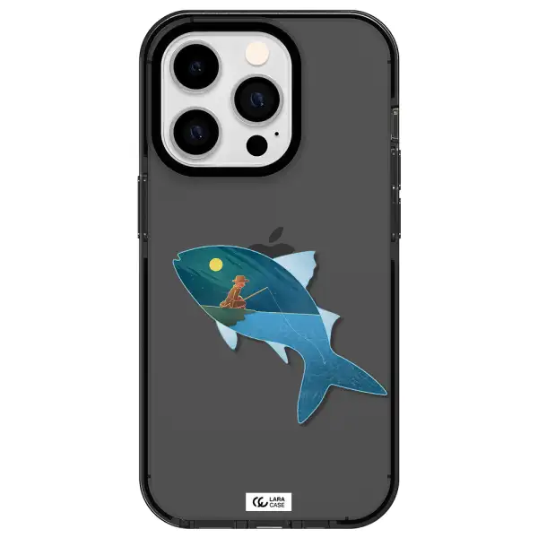 a fish with a man fishing Apple iPhone 14 pro impact Smoke Black Case