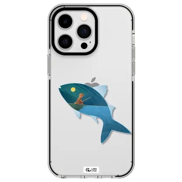 a fish with a man fishing Apple iPhone 14 pro max impact black border Case