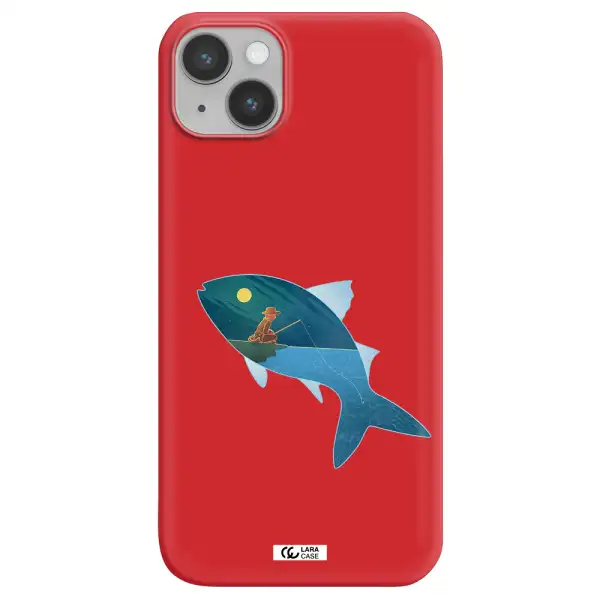 a fish with a man fishing Apple iPhone 14 Silicone Imperial Red Case