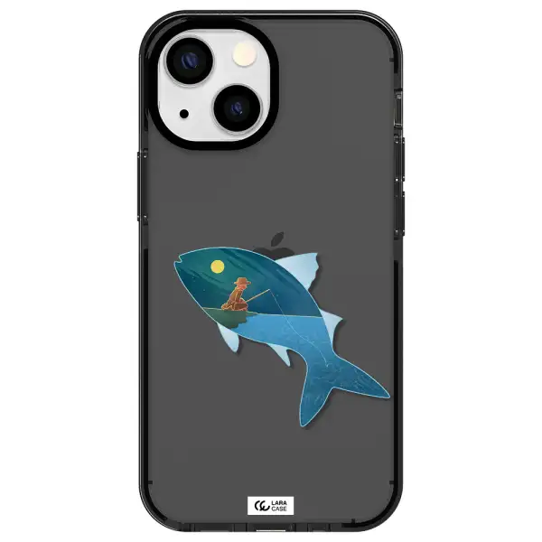 a fish with a man fishing Apple iPhone 15 impact Smoke Black Case