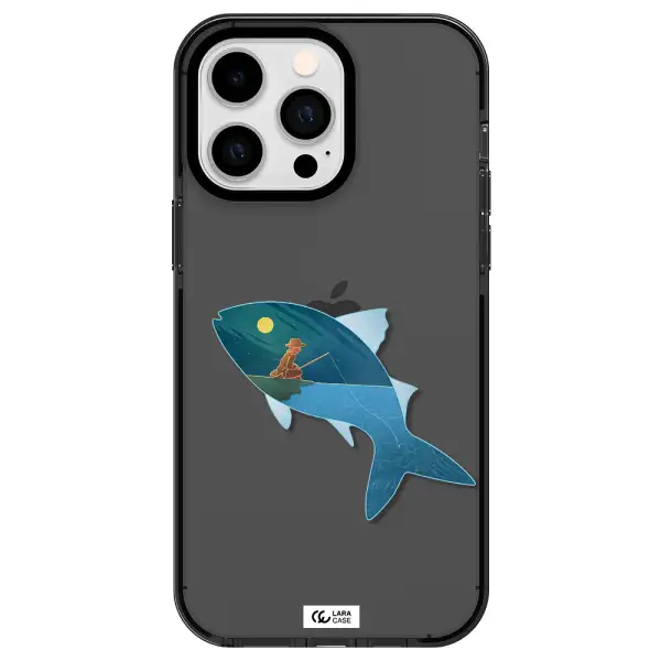 a fish with a man fishing Apple iPhone 15 Pro Max impact Smoke Black Case