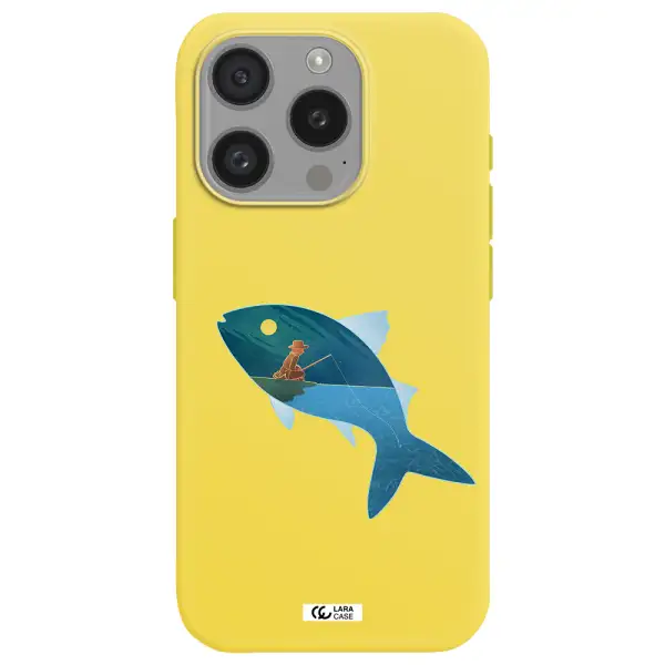 A Fish With A Man Fishing Apple Iphone 15 Pro Silicone Canary Yellow Case
