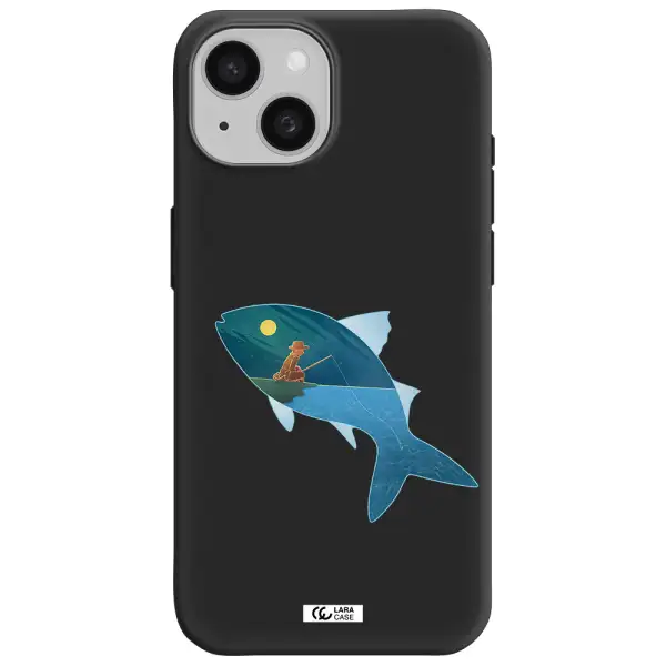 a fish with a man fishing Apple iPhone 15 Silicone black Case