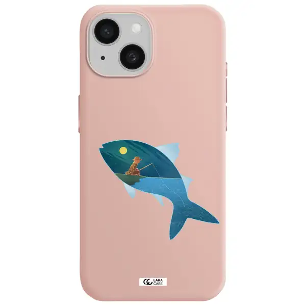 A Fish With A Man Fishing Apple Iphone 15 Silicone Pastel Pink Case