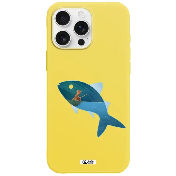 A Fish With A Man Fishing Apple Iphone 16 Pro Max Silicone Canary Yellow Case