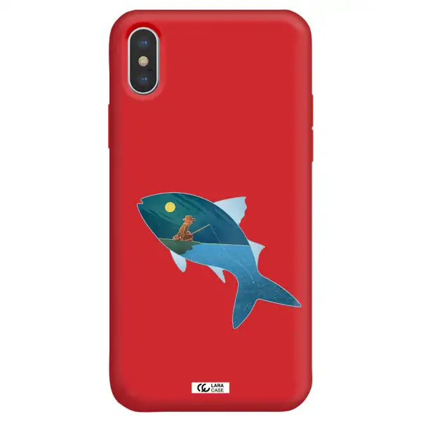 a fish with a man fishing Apple iPhone XS max Silicone Imperial Red Case