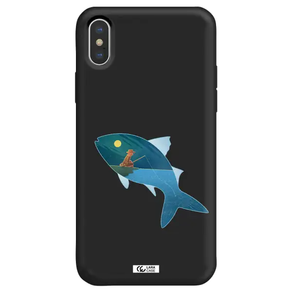 a fish with a man fishing Apple iPhone XS Silicone black Case