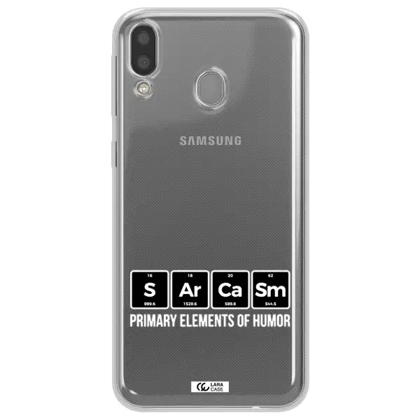 a group of black square letters with white text Samsung M20 Clear TPU Case