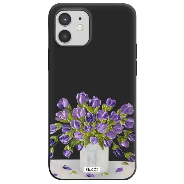 a bunch of purple flowers Apple iPhone 12 Silicone black Case