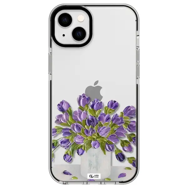 a bunch of purple flowers Apple iPhone 14 plus impact black border Case
